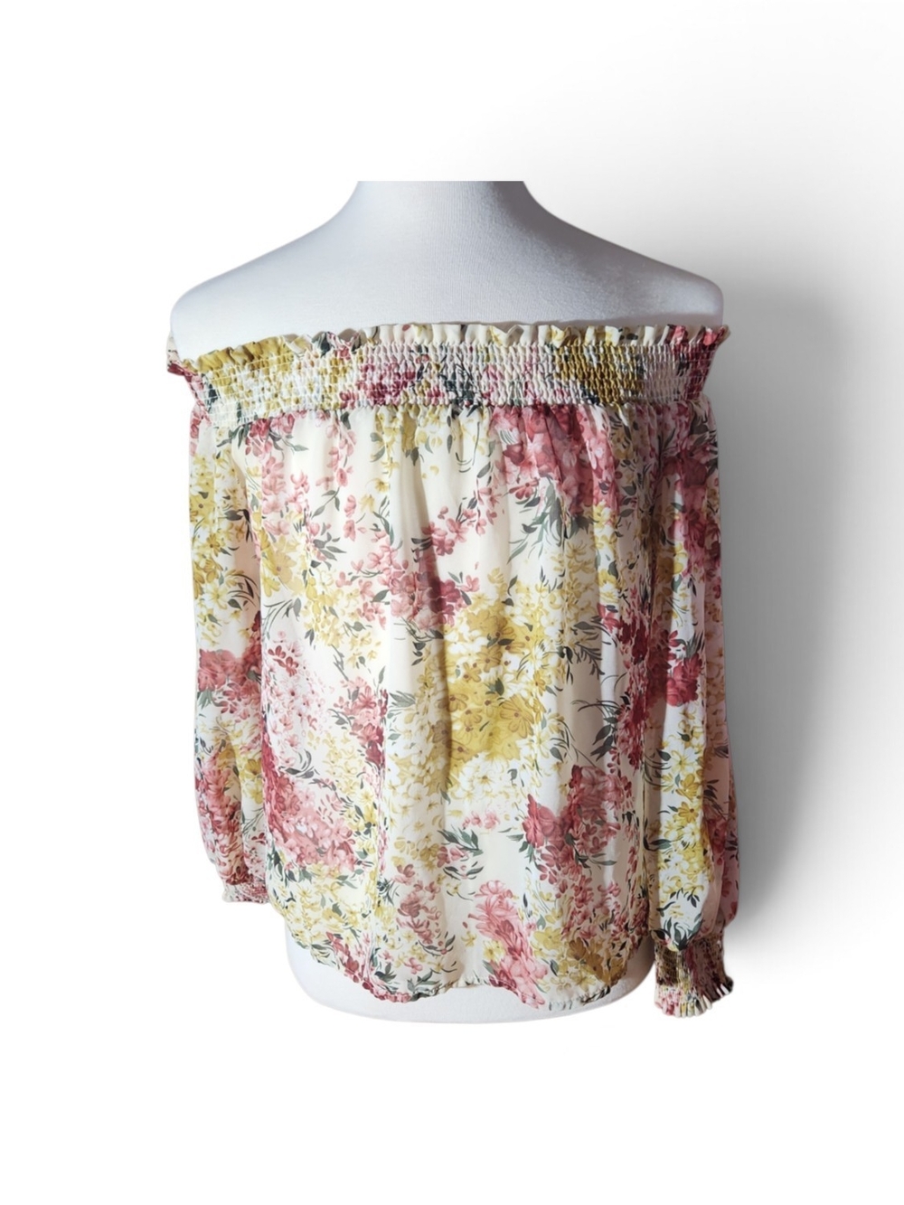 Umgee Cream Off-Shoulder Blouse with Pink and Yellow Blooms Size Small Boho
